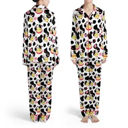 Dairy Farm Illustrative Cow Black Spot Pink Udder Red Collar Pink Tongue Design Satin Pajamas Set