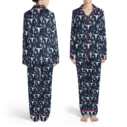 Scattered Bull Skull Longhorn Saguaro Cactus Cowboy Boot Wildflower Navy Off-White Satin Pajamas Set
