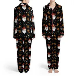 Western Christmas Cowboy Santa Faces Glitter Hats Sheriff Stars Multi-Color Lights Motif Satin Pajamas Set
