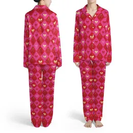 Repeating Cherry Red Fuchsia Pink Diagonal Diamond Grid Design, Flat Graphic Cherries & Bows Satin Pajamas Set