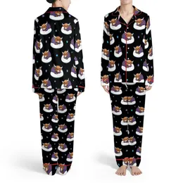 Highland Cow Sleeping Plaid Nightshirt Brown Cow White Pillow Black Blue Stars Satin Pajamas Set