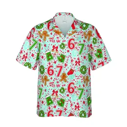 Hawaiian Pattern Christmas '67' Gingerbread Man Candy Cane Red Green Oven Mitts Wreaths Short-sleeve Hawaiian Shirt