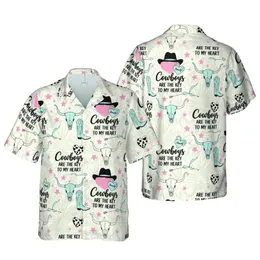 Cowboy Lover Howdy Hearts & Boots, Bull Skulls, Stars Hawaiian Fabric Design Short-sleeve Hawaiian Shirt
