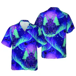 Krampus & Santa Aurora Hawaiian Pattern: Christmas Demon, Full Moon, Glowing Trees Short-sleeve Hawaiian Shirt