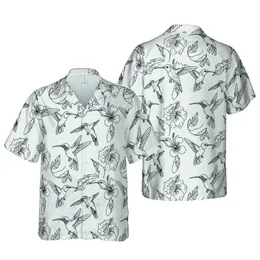 Hummingbird Lover Black Outline Dynamic Flight White Fabric Texture Seamless Hawaiian Print Short-sleeve Hawaiian Shirt