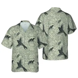 Fine Line Engraving Blackbird Tropical Botanical Pattern Black Cream High Contrast Art Short-sleeve Hawaiian Shirt