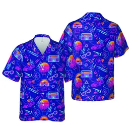 Dachshund Dogs Neon Hawaiian Sunset: Boombox Palm Tree Sports Car Geometric Grid Short-sleeve Hawaiian Shirt