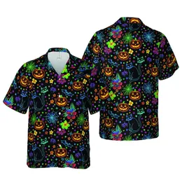 Glowing Neon Outline Black Cats Jack-O'-Lanterns Hawaiian Spiderweb Star Cross Pattern Short-sleeve Hawaiian Shirt