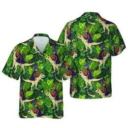 Halloween Skeletons Mummified T-Rex Witch Hat Jack-o'-lantern Tropical Jungle Botanical Design Short-sleeve Hawaiian Shirt