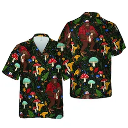 Bigfoot Forager Hawaiian Mushroom Fern Autumn Foliage Deep Black Botanical Print Short-sleeve Hawaiian Shirt