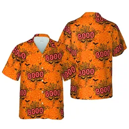 Seamless Red BOO Marquee Light Signs Hawaiian Spiderweb Bat Orange Mosaic Pattern Short-sleeve Hawaiian Shirt