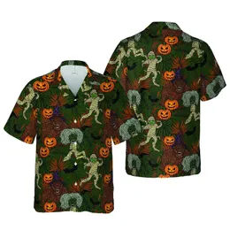 Scary Bigfoot Mummy Witch Hat Tropical Foliage Jack-O-Lantern Bat Edge-to-Edge Design Short-sleeve Hawaiian Shirt