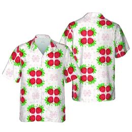Hawaiian Strawberry Ribbon Bow Print: Red Berry, Green Calyx, Pink Speckles, Cream Mosaic Short-sleeve Hawaiian Shirt