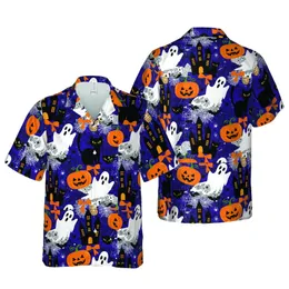 Carved Pumpkin Ghost Cat Castle Orange Black Purple Green Bat Spider Web Hawaiian Pattern Short-sleeve Hawaiian Shirt