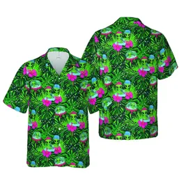 Green Aliens Red Caps Blue Hats Peace Signs Flying Saucers Dense Jungle Monstera Palm Hibiscus Short-sleeve Hawaiian Shirt