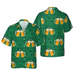 Beer Enthusiast Clinking Mugs Golden Froth Dark Brown Teal Botanical Mosaic Short-sleeve Hawaiian Shirt