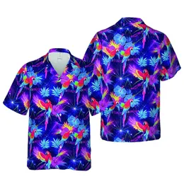 Neon Macaw Parrot Glowing Hibiscus Celestial Laser Grid Deep Indigo Violet Night Scene Short-sleeve Hawaiian Shirt