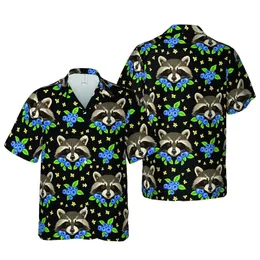 Raccoon Faces Hawaiian Blue Blueberries Green Leaves Deep Black Mosaic Fabric Design Short-sleeve Hawaiian Shirt