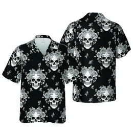 Hawaiian Skull Rose Butterfly Pattern: High Contrast Intricate Black White Gray Motif Short-sleeve Hawaiian Shirt
