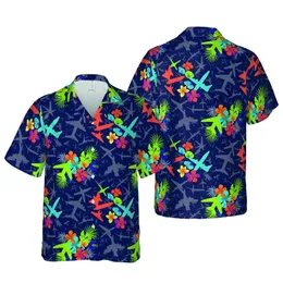 Aviator Hawaiian Pattern: Fighter Jet & Transport Aircraft, Deep Navy & Vibrant Tones Short-sleeve Hawaiian Shirt
