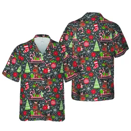 Cartoon Reindeer Brown Red Nose Candy Cane Sled Handstand Poinsettia Christmas Tree Snowflake Print Short-sleeve Hawaiian Shirt