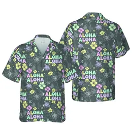 ALOHA Bubbly Text, Hibiscus & Star Accents – Pastel Aqua Charcoal Leaf Design Short-sleeve Hawaiian Shirt
