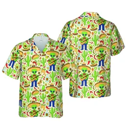 Green Alien Hawaiian Pattern with Sombrero, Mariachi, Cactus & Taco Elements Short-sleeve Hawaiian Shirt