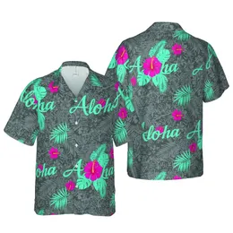 Hot Pink Hibiscus Aloha: Teal Script, Charcoal Tropical Leaves, Hawaiian Waves Short-sleeve Hawaiian Shirt