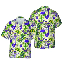 Mardi Gras Hawaiian Print: Purple Green Gold Fleur-de-lis Crowns Masks Lamps & Beads Short-sleeve Hawaiian Shirt