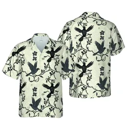 Blackbird Tropical Hawaiian Textile Print: Perched, Flying Birds, Intricate Branches Short-sleeve Hawaiian Shirt