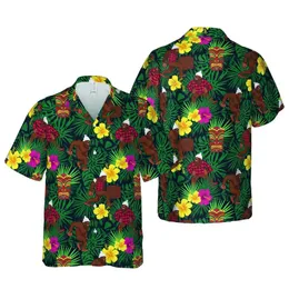 Bigfoot Plaid Beanie Tiki Mask Tribal Crate Tropical Leaves Hibiscus Hawaiian Fabric Design Short-sleeve Hawaiian Shirt
