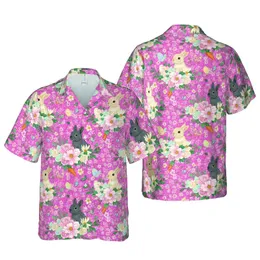 Baby Bunny Hawaiian Rosy Pink Floral Pastel Roses Daisies Carrots Eggs Design Short-sleeve Hawaiian Shirt