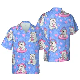 Periwinkle Bear Hawaiian: Light Grey Cartoon Bears, Pink Hats, Boba Tea Short-sleeve Hawaiian Shirt