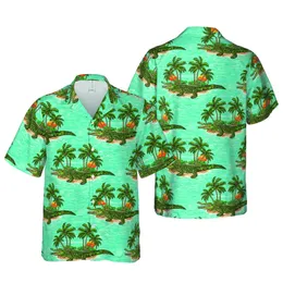 Green Alligator Crocodile Seamless Sandy Island Blue Water Palm Tree Sublimation Print Short-sleeve Hawaiian Shirt