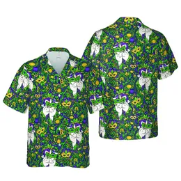 Mardi Gras Derriere Characters Hawaiian Bead Mask Fleur-de-lis Green Purple Gold White Keepsake Short-sleeve Hawaiian Shirt