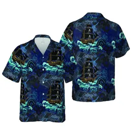 Three-Masted Pirate Ship Crashing Waves Indigo Seascape Turbulent Ocean Design Short-sleeve Hawaiian Shirt