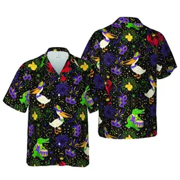 Mardi Gras Pelican Jester Duck Alligator Lobster Instrument Drum Bead Mask Gold Short-sleeve Hawaiian Shirt