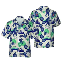 Sasquatch Bigfoot Hawaiian Camping Forest Mountain Pine Pattern Beige Indigo Short-sleeve Hawaiian Shirt