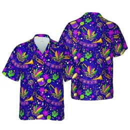 Mardi Gras Mask Djembe Drum Golden Trumpet Fleur-de-Lis Carnival Bunting Purple Asterisk Short-sleeve Hawaiian Shirt