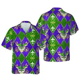 Ornate Masquerade Masks Hawaiian Flourishes Purple Emerald Gold Glitter Diamonds Short-sleeve Hawaiian Shirt