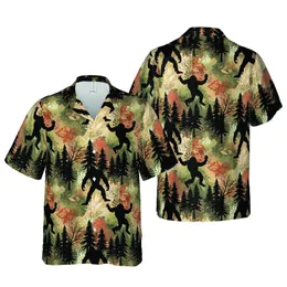Bigfoot Hawaiian Sasquatch Silhouettes Layered Forest Black Tan Orange Brown Pattern Short-sleeve Hawaiian Shirt