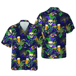 Mardi Gras Skulls: Jester Hat, Carnival Mask, Beer Mug, Gold Bead, Navy Starburst Design Short-sleeve Hawaiian Shirt