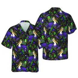 Pelican Mardi Gras Crown Hawaiian Design - Purple Green Gold Fleur-de-lis Pattern Short-sleeve Hawaiian Shirt