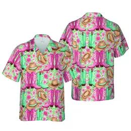 Hawaiian Western Cowboy Boots Hat Floral Design - Pink Magenta Teal Daisy Botanical Short-sleeve Hawaiian Shirt