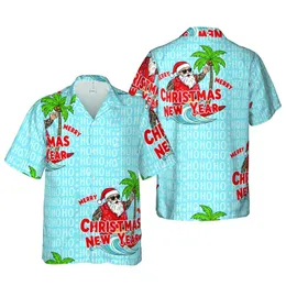 Tattooed Santa Surfing Red Board Blue Wave Hawaiian Christmas New Year HO HO HO Pattern Short-sleeve Hawaiian Shirt