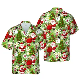 Hawaiian Christmas Cartoon Santa Reindeer Tree Holly Snowman Presents White Pattern Short-sleeve Hawaiian Shirt