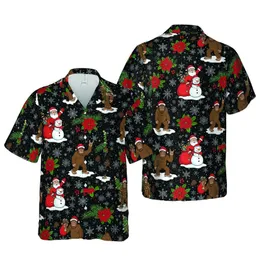 Bigfoot Christmas Tropical: Sasquatch Tree Lights Snowman Holly Poinsettia Short-sleeve Hawaiian Shirt
