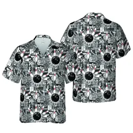 Bowling Enthusiast Hawaiian Black Ball White Pin Red Stripe Impact Lane Design Short-sleeve Hawaiian Shirt