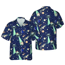 Cosmic Cats Hawaiian Pattern: Flying Saucer Abduction, Planets, Moons, Stars, Beige Navy Short-sleeve Hawaiian Shirt