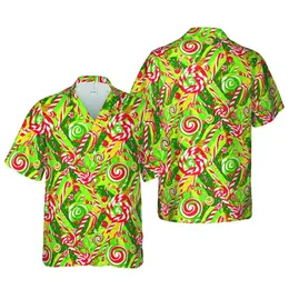 Striped Candy Cane Swirl Lollipop Wrapped Candy Red Green White Yellow Pattern Short-sleeve Hawaiian Shirt